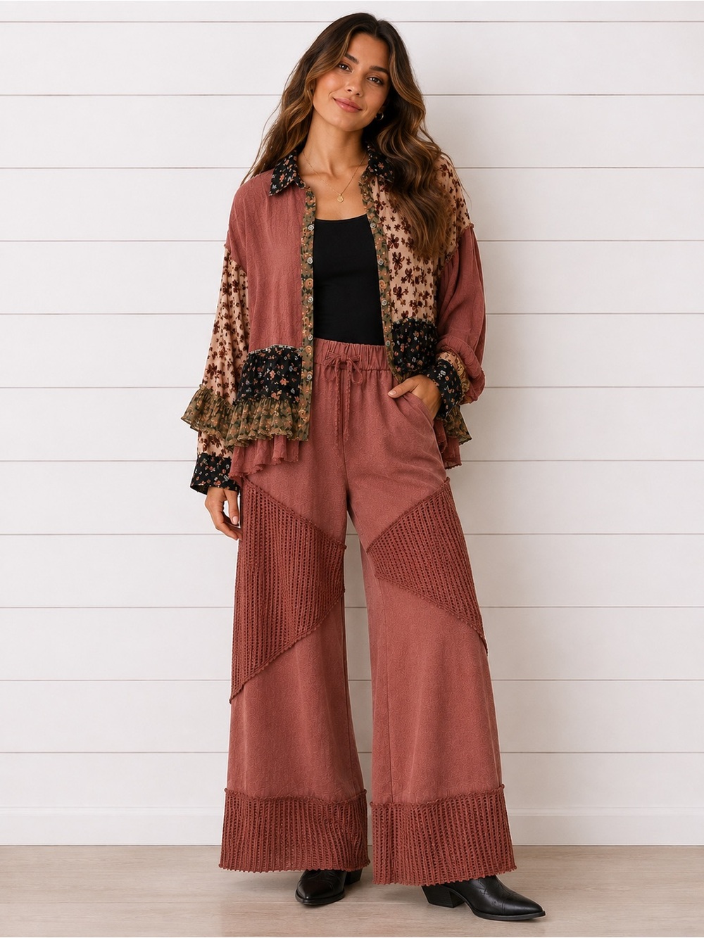 Boho GirLie POL SET: “The Larue” rustic red Wide-Leg Pants and floral top. - Picture 5 of 5
